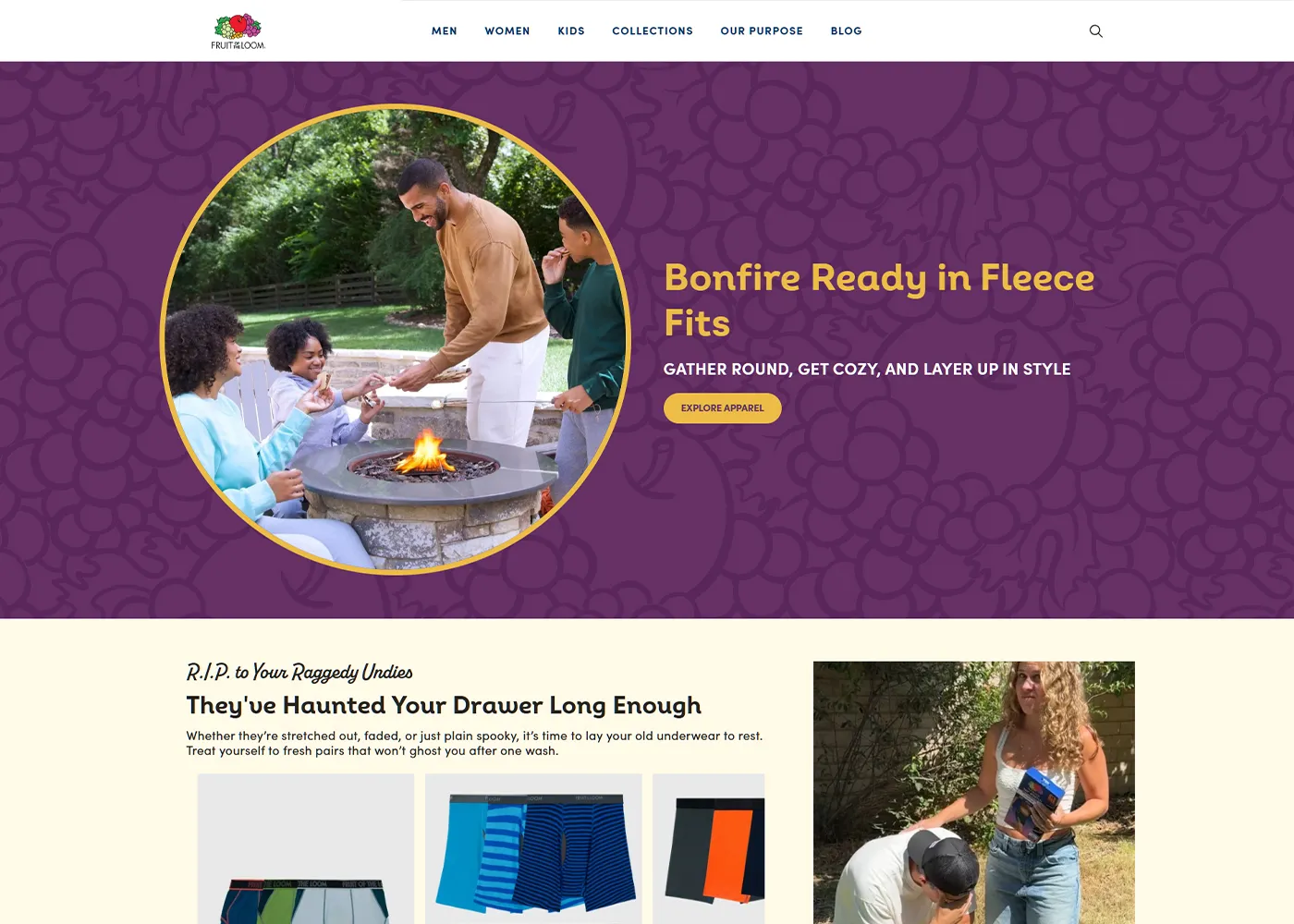 A screenshot of Fruit of the Loom`s desktop site