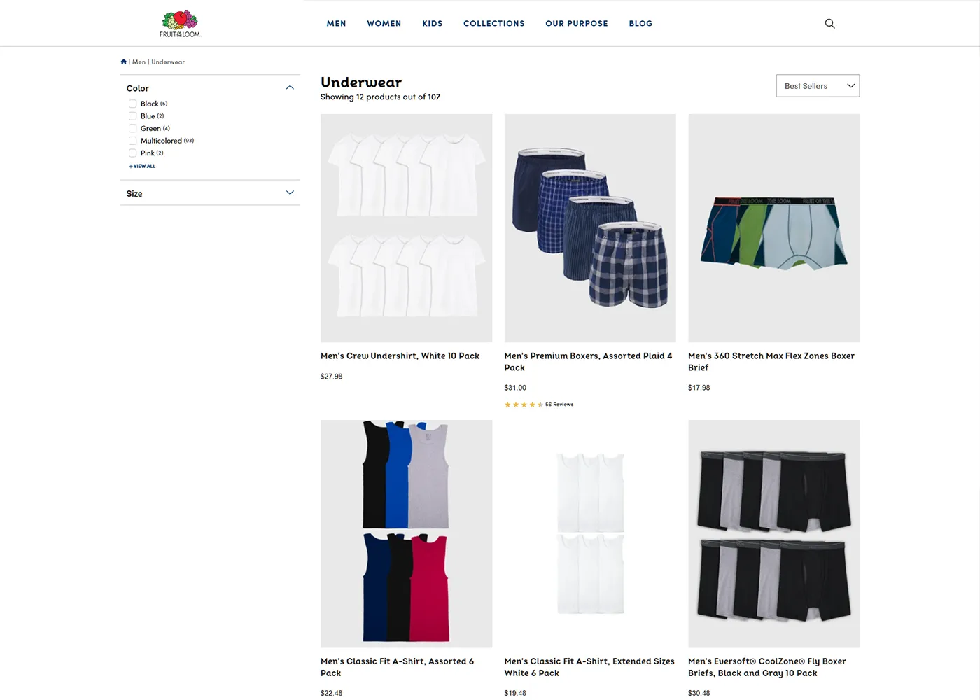 A screenshot of Fruit of the Loom`s desktop site