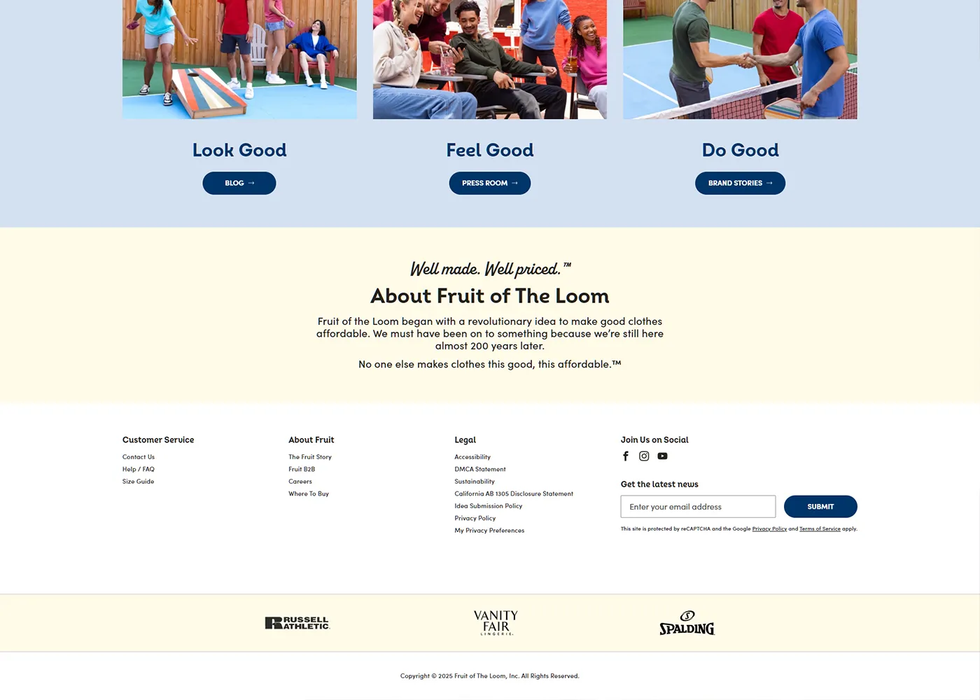 A screenshot of Fruit of the Loom`s desktop site
