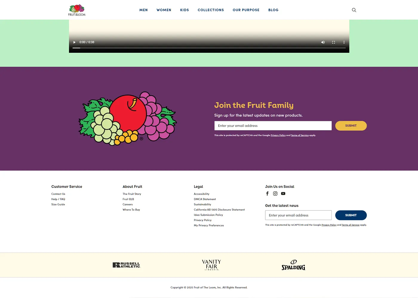 A screenshot of Fruit of the Loom`s desktop site