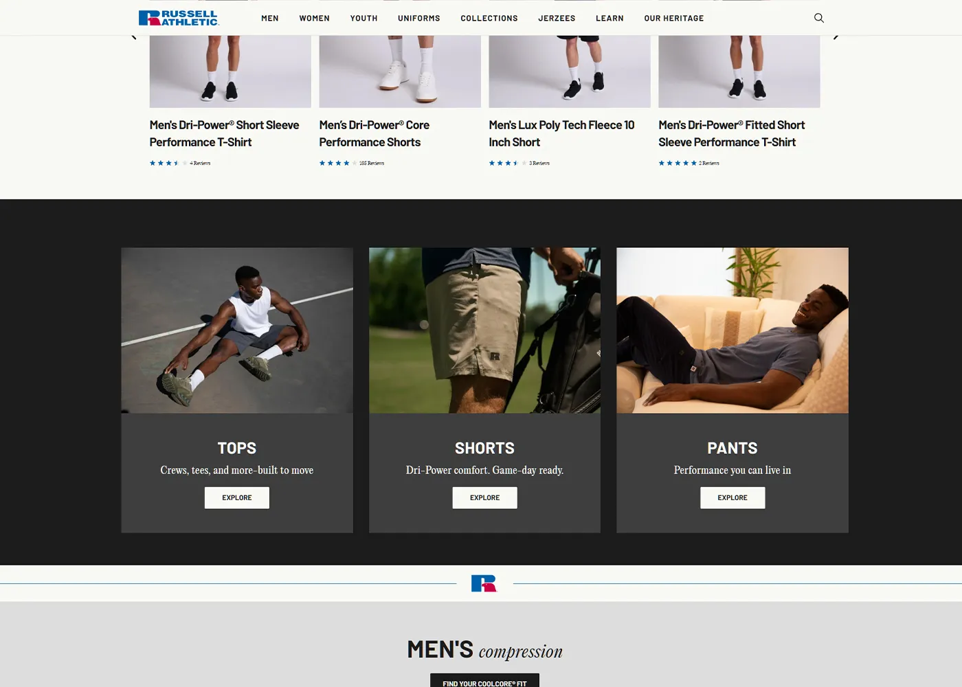 A screenshot of Russell Athletic`s desktop site
