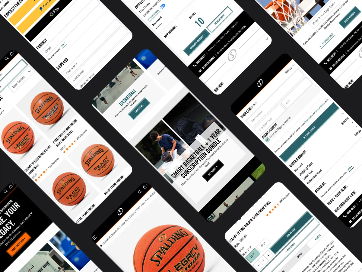 A single image containing multiple screenshots of Spalding's mobile design