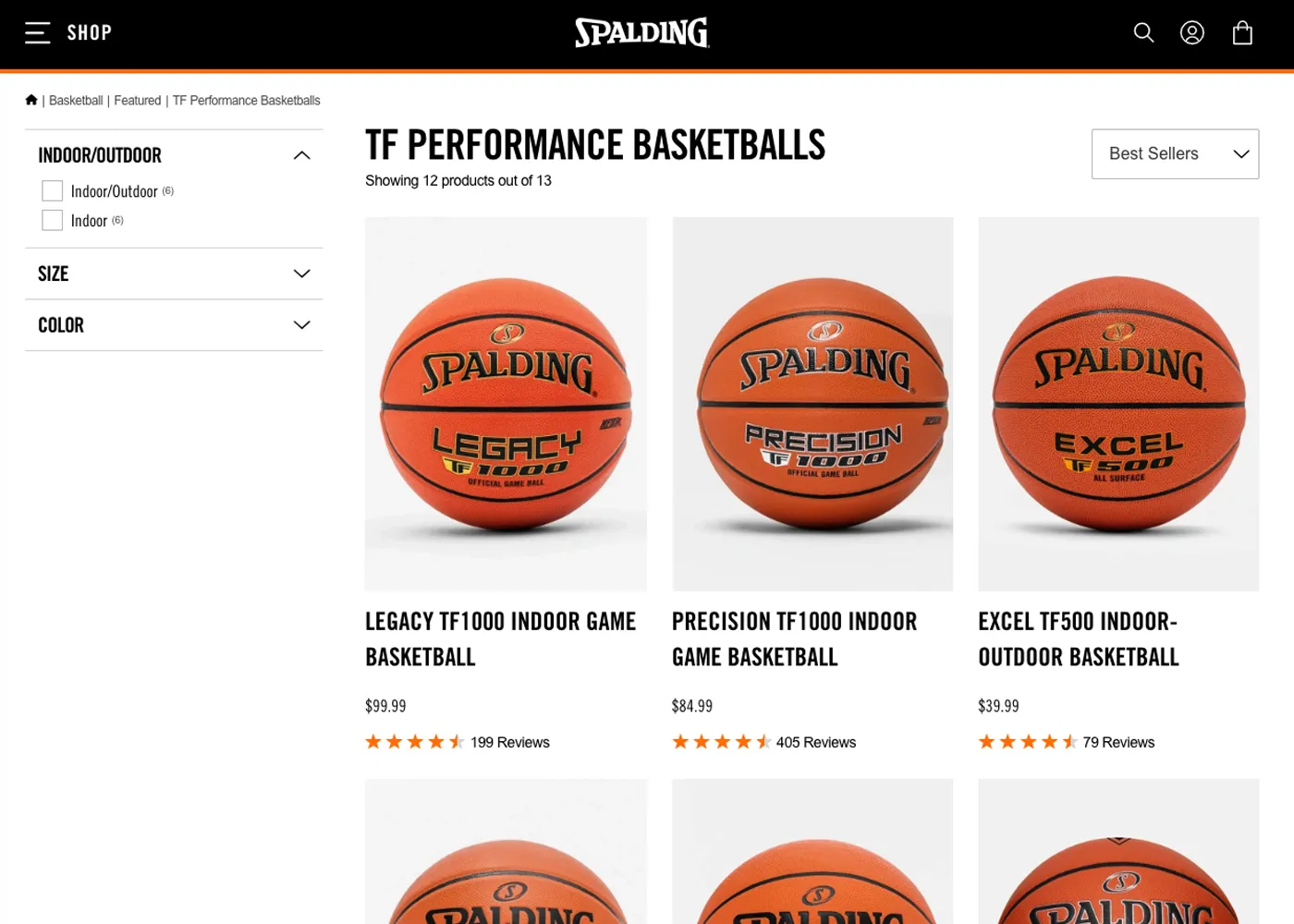A screenshot of Spalding`s desktop site