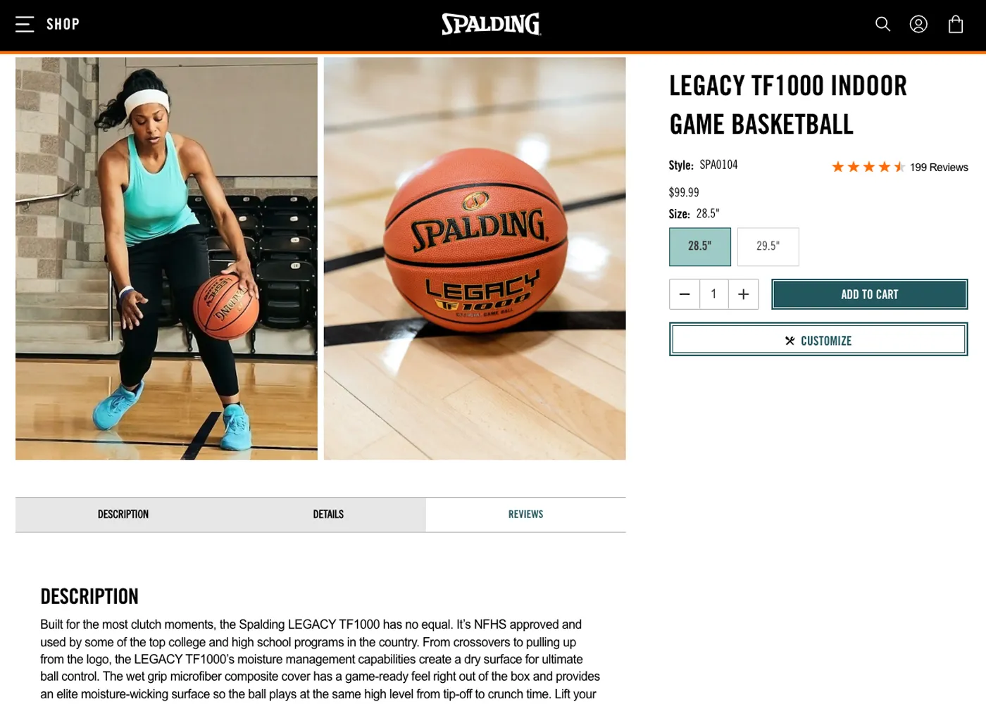 A screenshot of Spalding`s desktop site