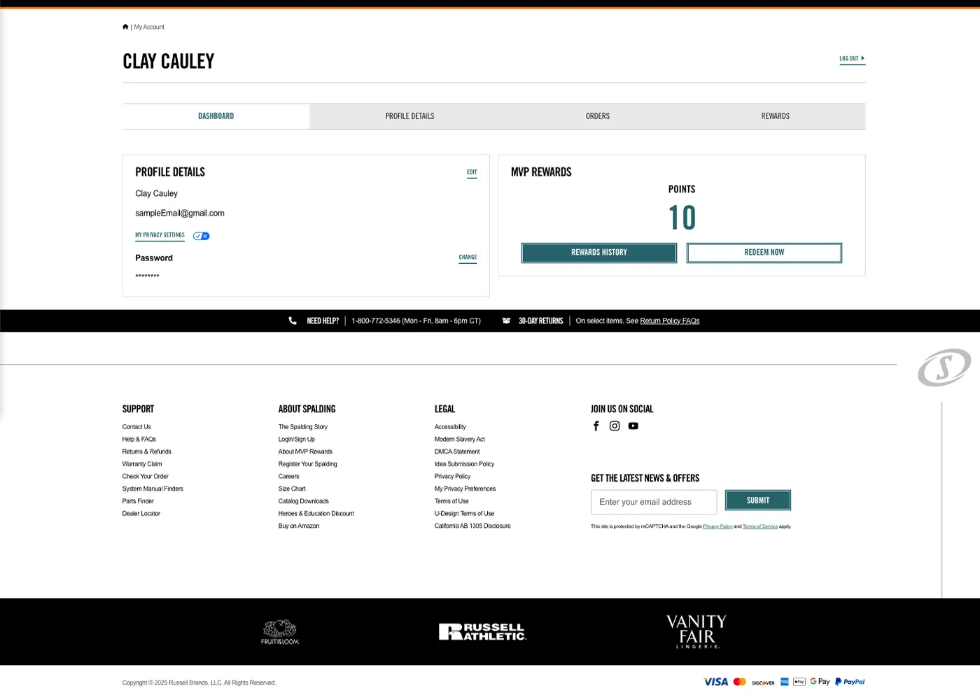 A screenshot of Spalding`s desktop site