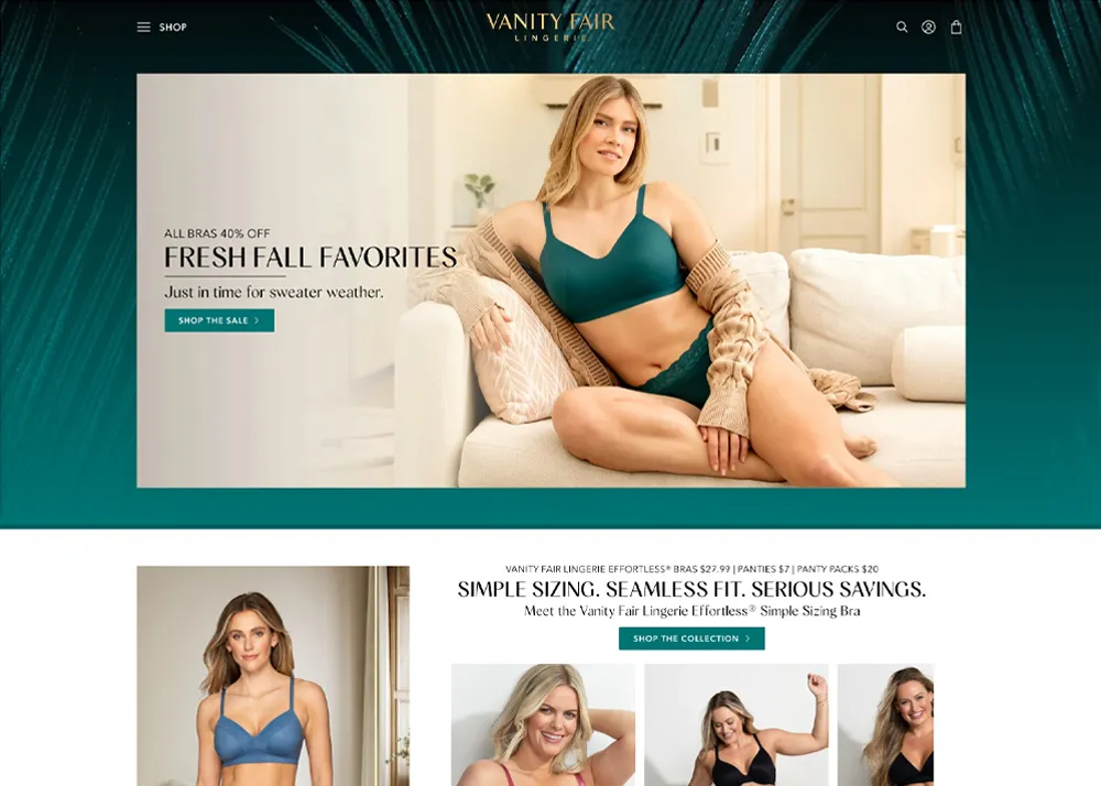 Large screenshot of Vanity Fair Lingerie`s website.