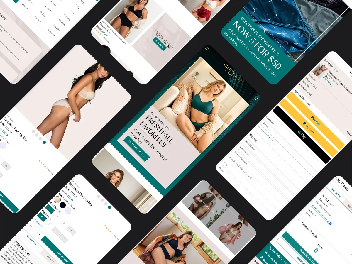 A single image containing multiple screenshots of Vanity Fair Lingerie's mobile design