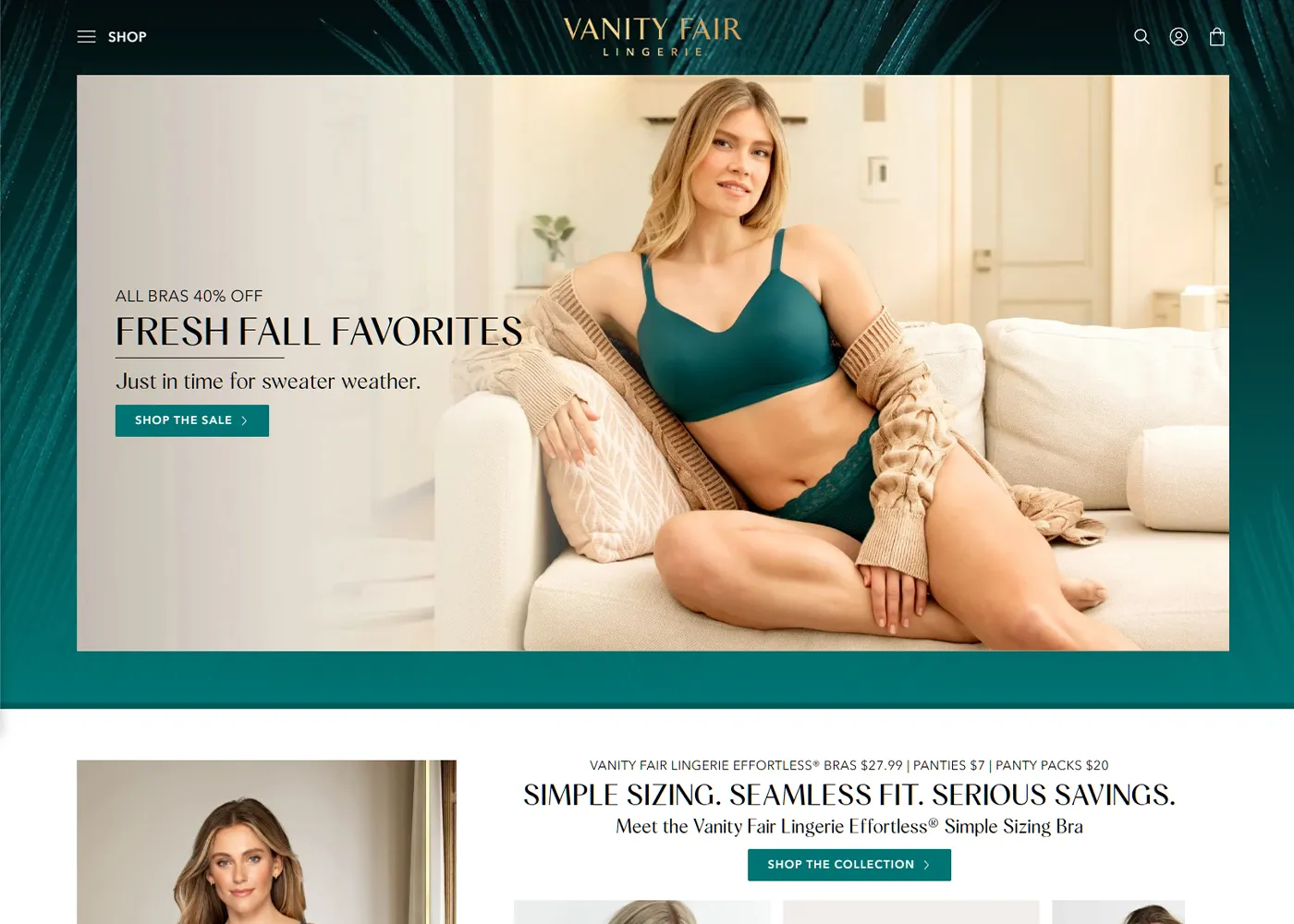 A screenshot of Vanity Fair Lingerie`s desktop site