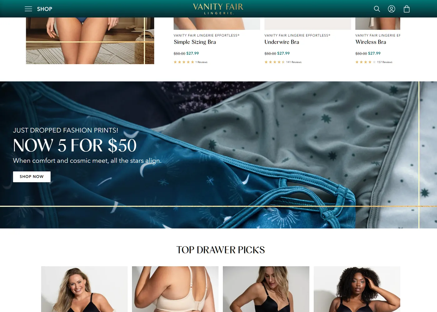 A screenshot of Vanity Fair Lingerie`s desktop site