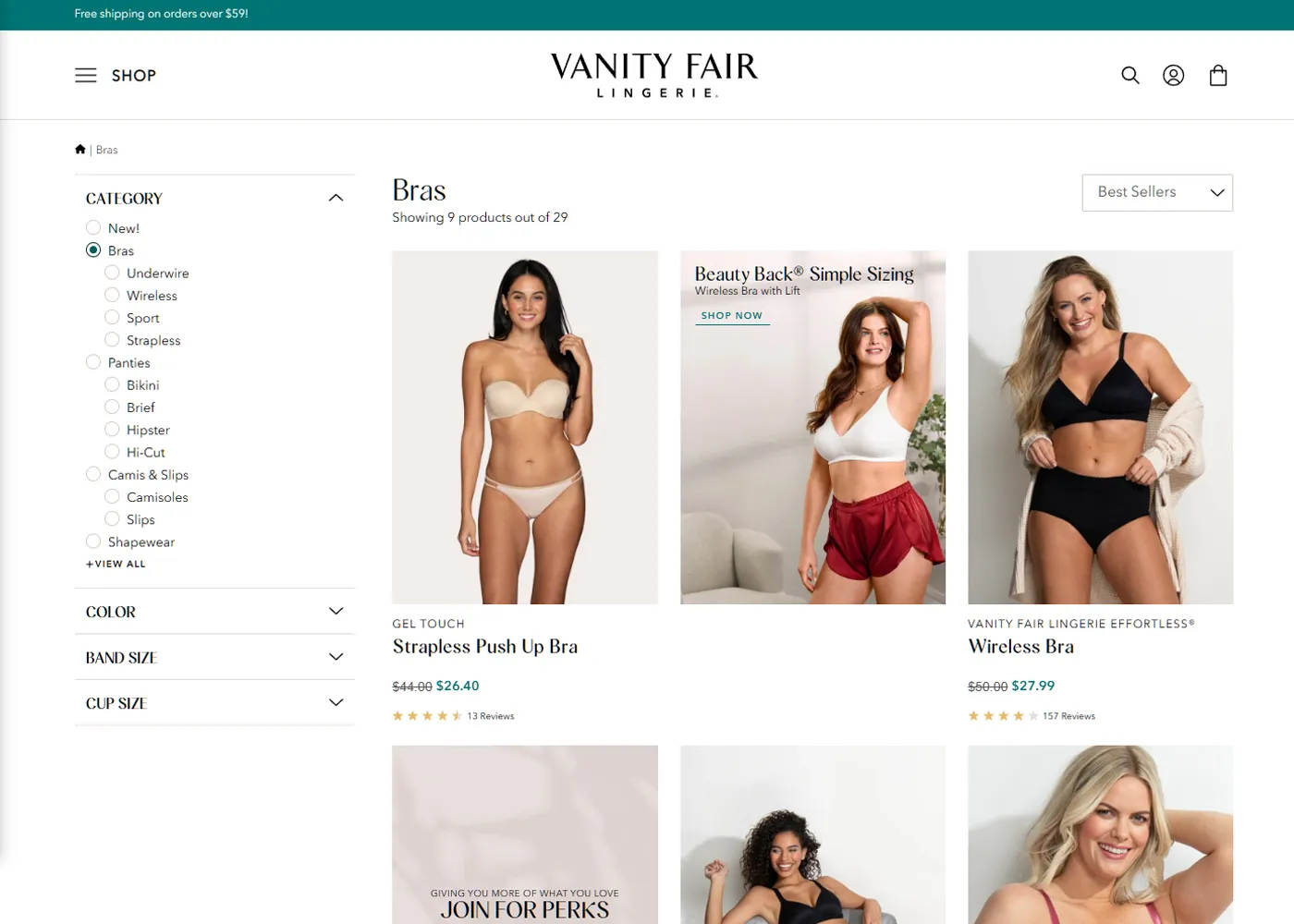 A screenshot of Vanity Fair Lingerie`s desktop site